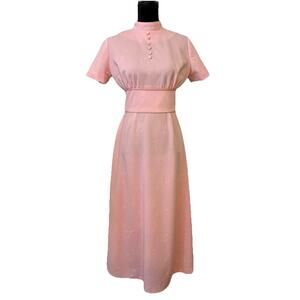 VTG 1950s Dress Light Pink High neck Empire Waist A-Line Cottage Pinup Small